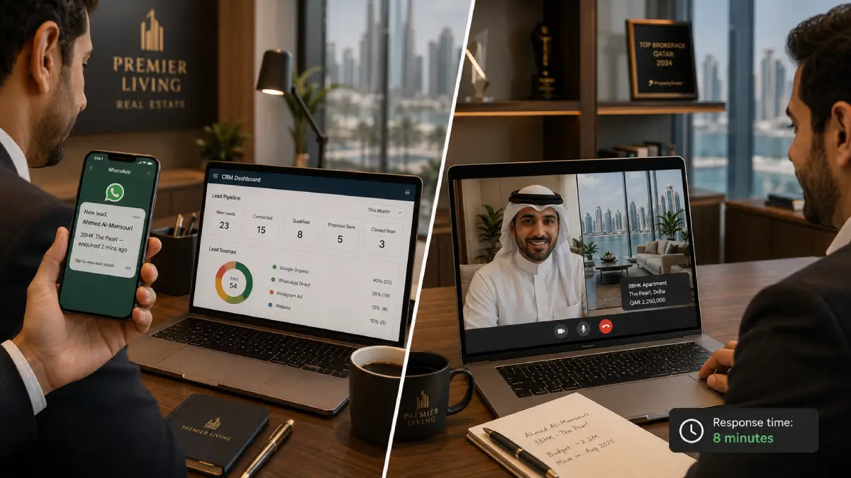 Real estate CRM lead management for Qatar — agent receiving WhatsApp lead notification with HubSpot pipeline dashboard and 8-minute response time tracker