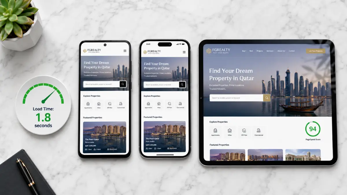 Qatar real estate website mobile performance — fast loading property listings on Android and iPhone with 94 PageSpeed score for Doha market