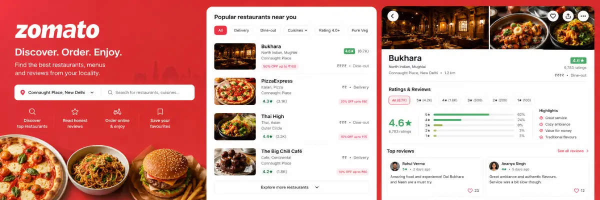 Zomato food delivery and restaurant discovery platform interface in India