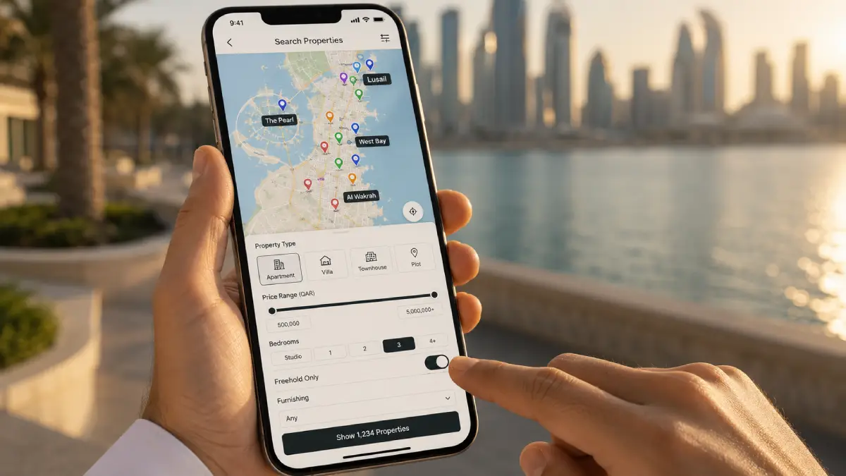 Qatar real estate website advanced property search with map view, freehold filter, QAR price range, and bedroom selector for Doha property listings