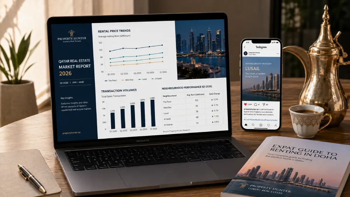 Qatar real estate content marketing — quarterly market report, neighbourhood spotlight Instagram post and expat renting guide for Doha property authority building