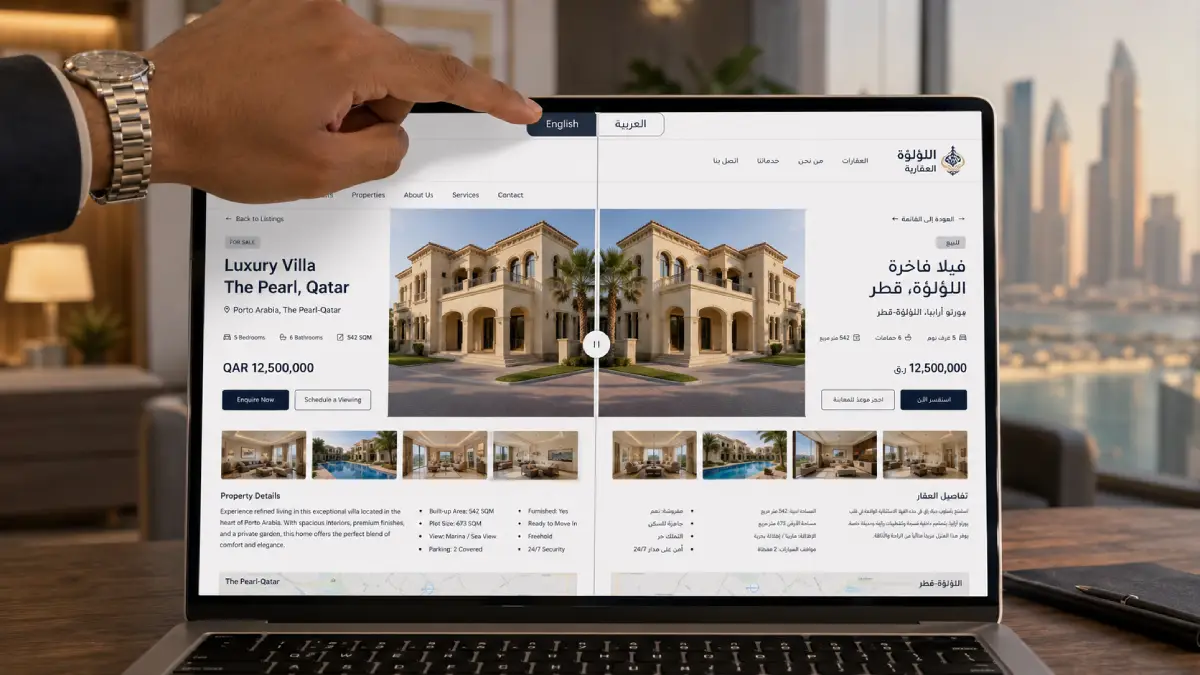 Bilingual English and Arabic real estate website with RTL layout for Qatar property market — language toggle on desktop