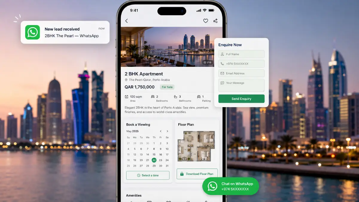 Real estate lead capture on Qatar property website — WhatsApp button, short enquiry form, book a viewing calendar, and floor plan download for Doha listings