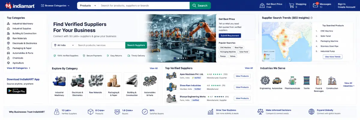 IndiaMART B2B marketplace website connecting suppliers and buyers across India
