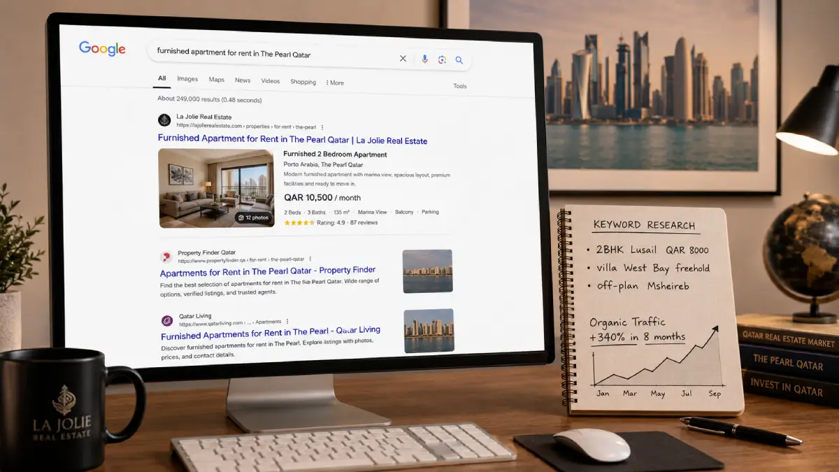 Qatar real estate SEO — Google search results showing property website ranked number one for furnished apartment in The Pearl Qatar with keyword research notes