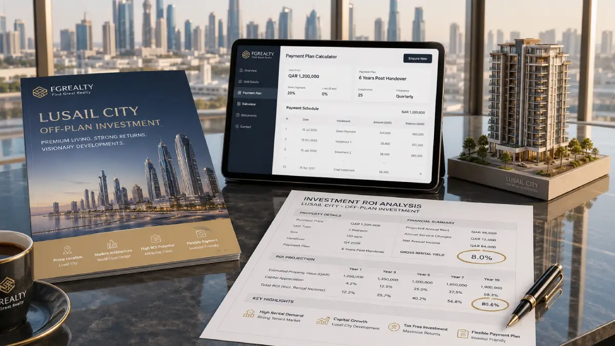 Qatar off-plan investment property page — Lusail City development brochure, payment plan calculator, rental yield analysis and architectural model in Doha boardroom