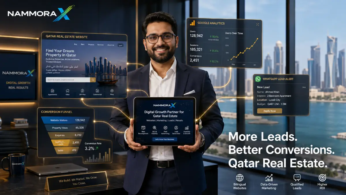 NammoraX digital agency building high-converting real estate website for Qatar — bilingual design, WhatsApp lead capture, Google Analytics and conversion funnel for Doha property market