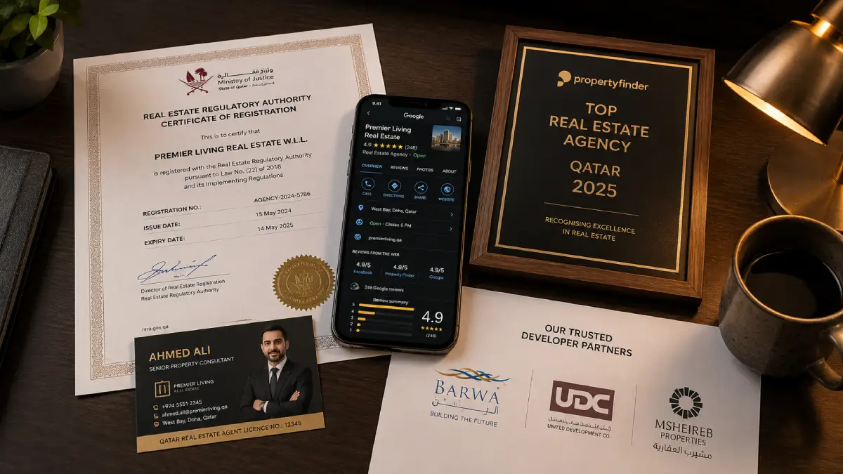 Real estate trust signals for Qatar market — RERA registration certificate, agent credentials, Google reviews, developer partner logos and industry awards